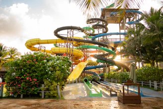 a water park with a large water slide