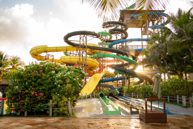 a water park with a large water slide
