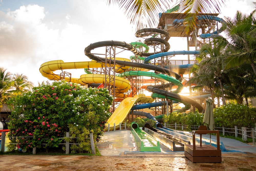 a water park with a large water slide