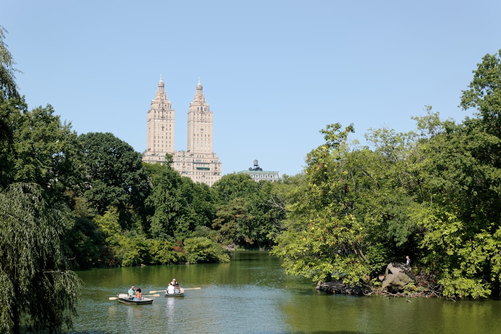 a couple of people in a small boat on a river