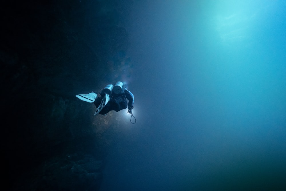 a man in a wet suit diving in the water