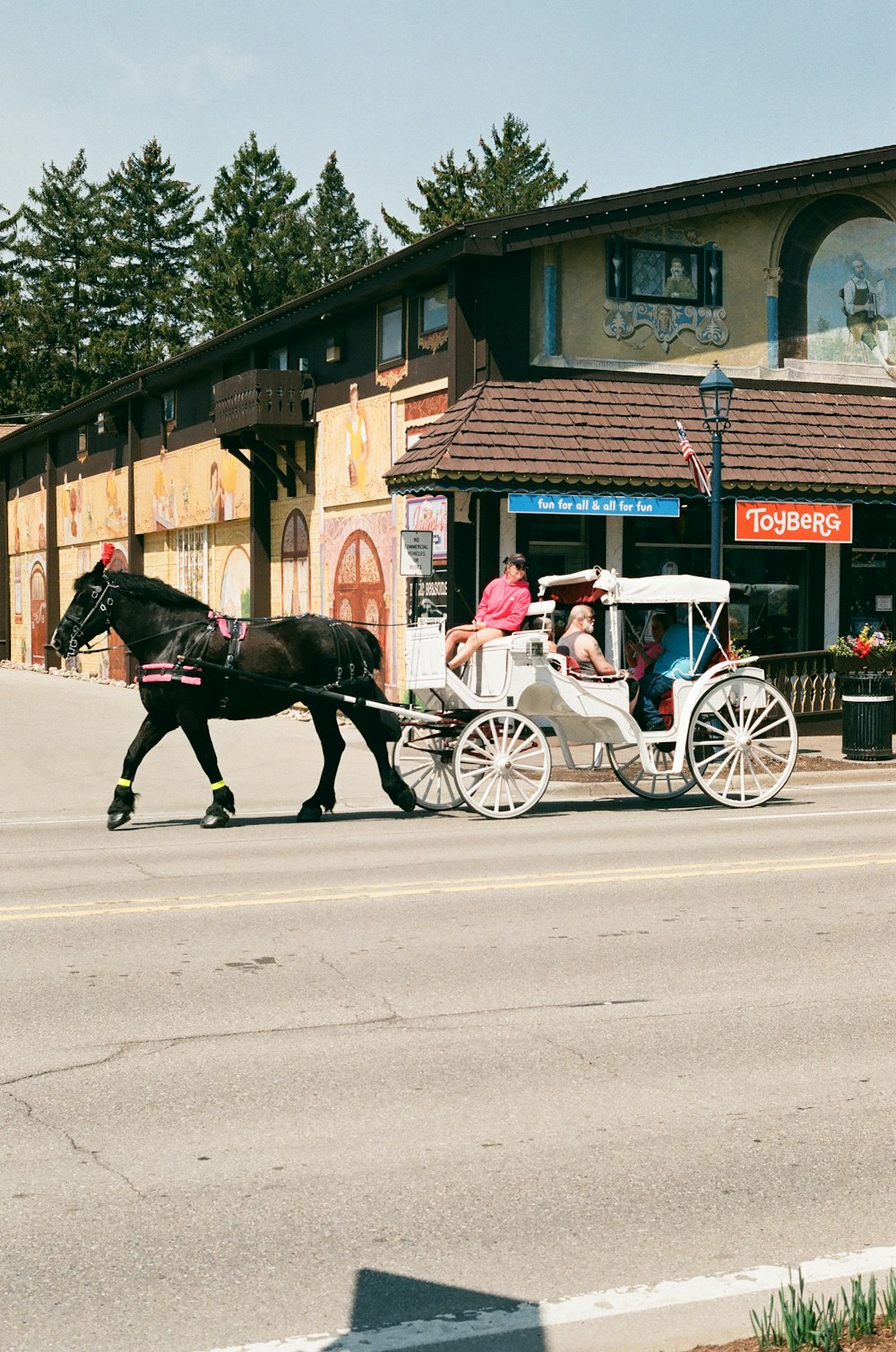 ein Pferd, das eine Kutsche eine Straße entlang zieht