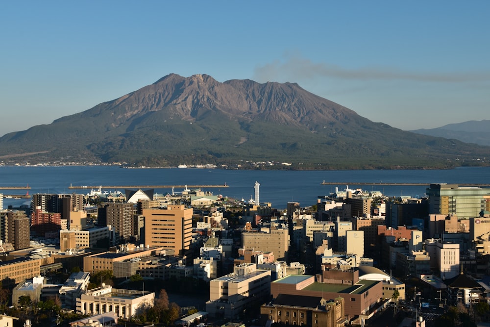 a view of a city with a mountain in the background