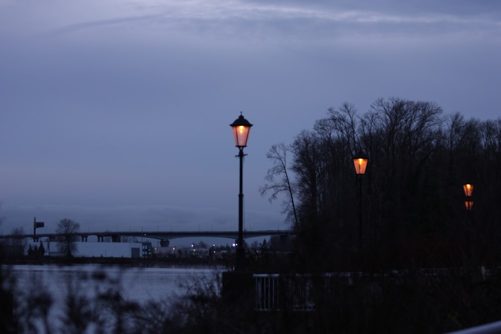 a street light with a bridge in the background