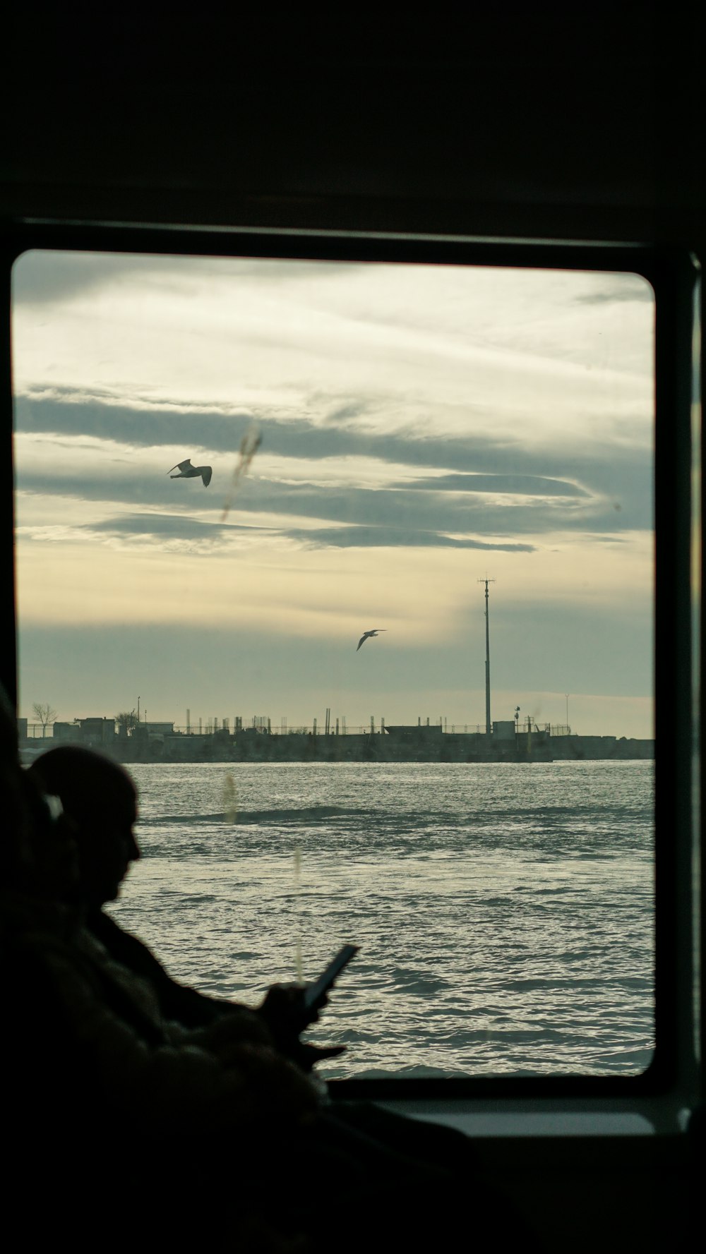 a person looking out a window at the ocean