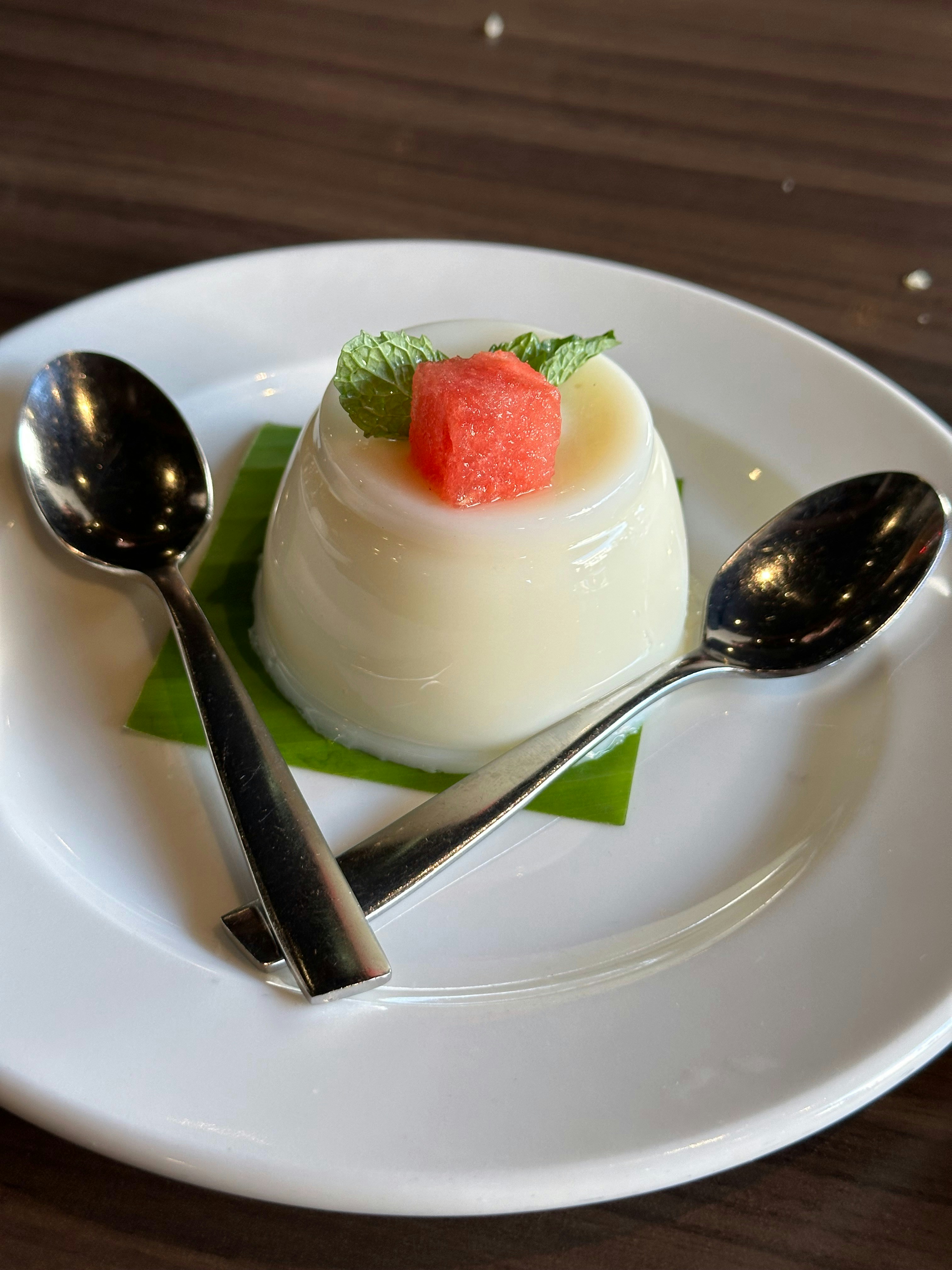 Delicate white panna cotta with elderflower garnish and cucumber ribbon on pale ceramic plate, spring light