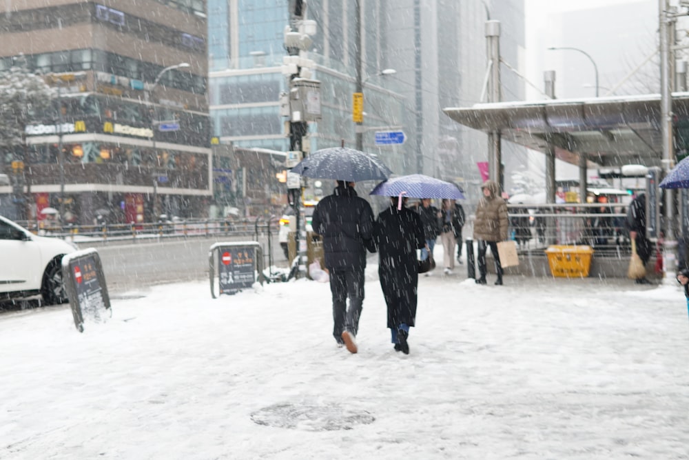 two people walking in the snow with umbrellas