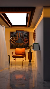 a room with a chair and a lamp in it