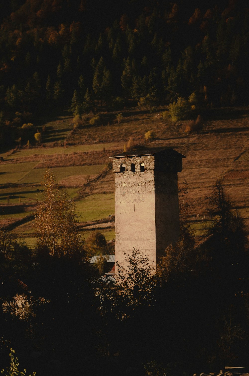 un'alta torre seduta in cima a una collina verde e lussureggiante