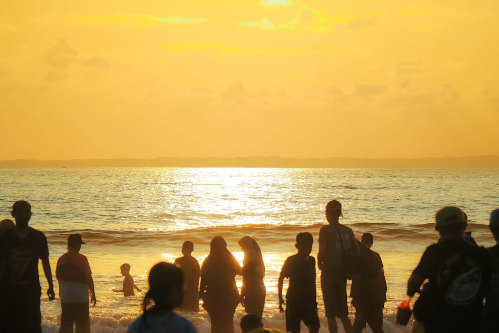 a group of people standing on top of a beach next to the ocean