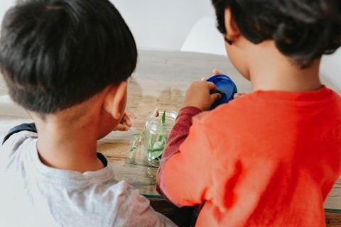 two young boys sitting at a table playing with toys