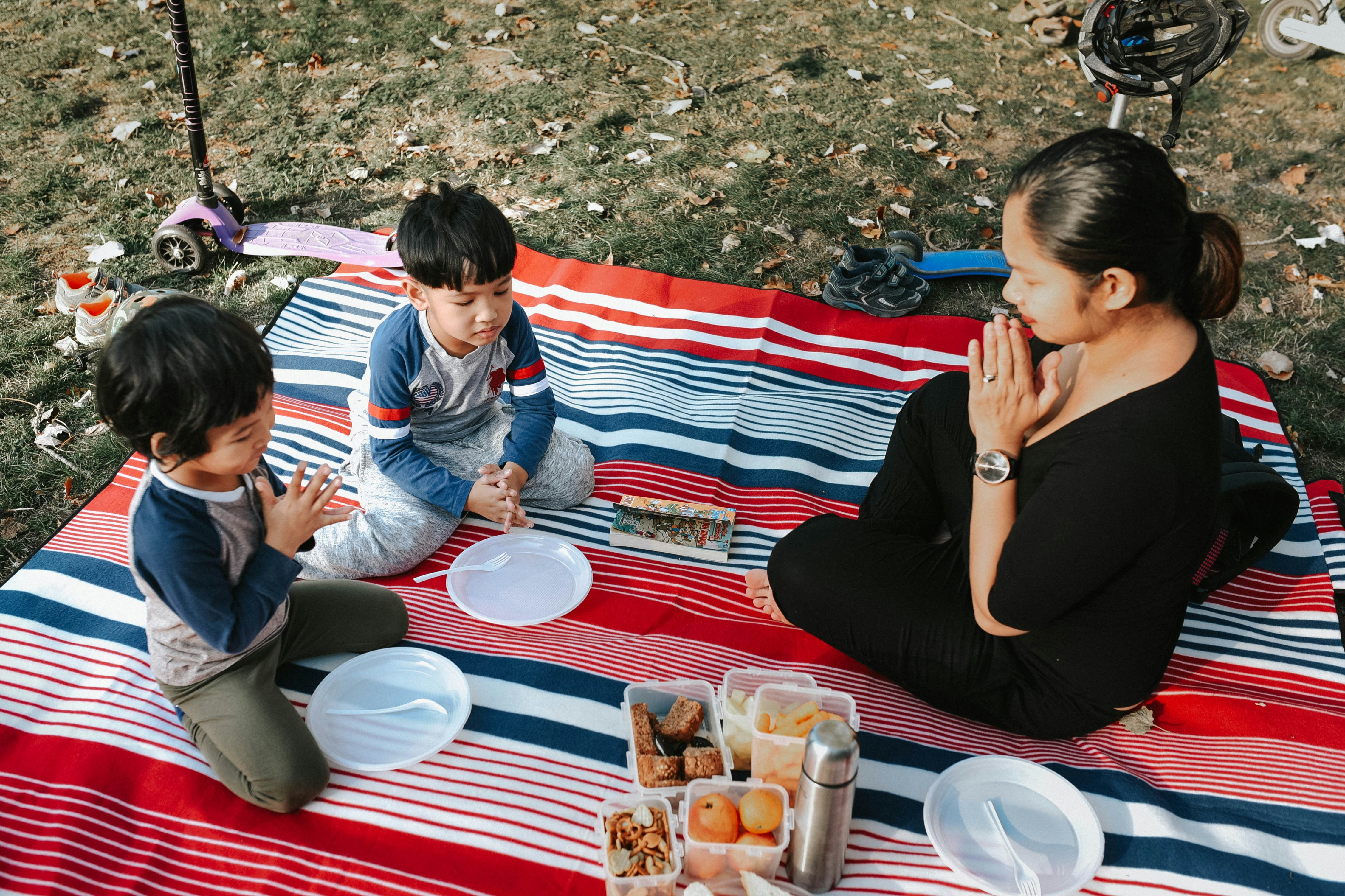 family enjoying a picnic in a park - family travel tips