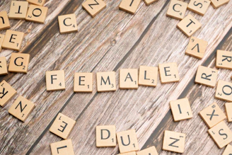 scrabble tiles spelling the word female on a wooden surface