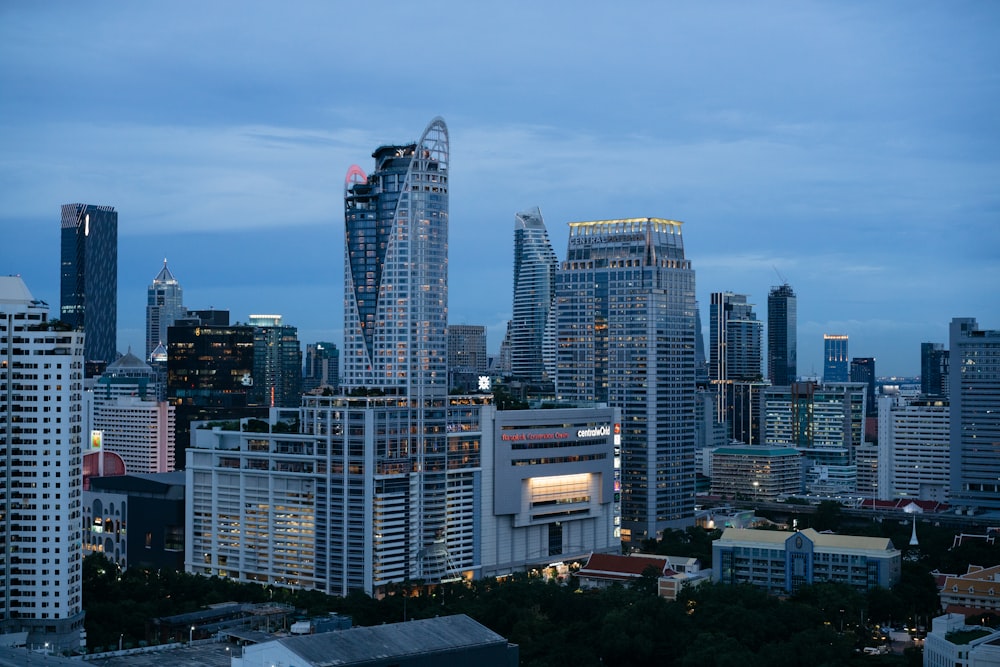 a view of a city at night from the top of a building