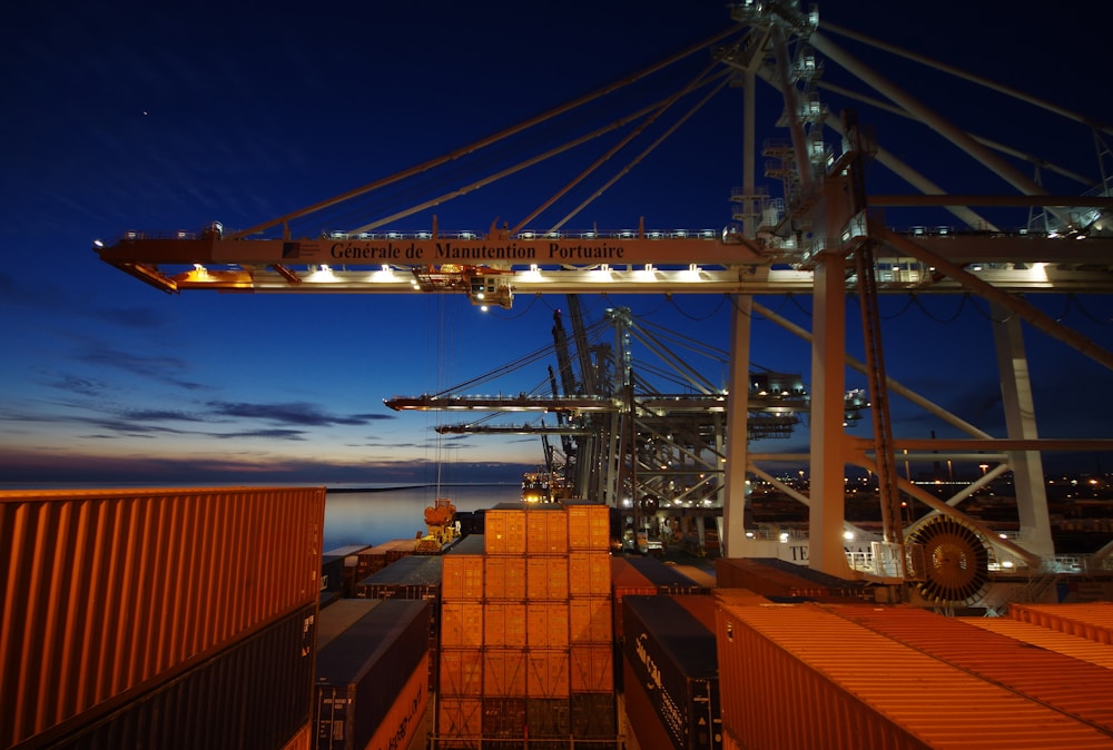 Cargo ship docked at night