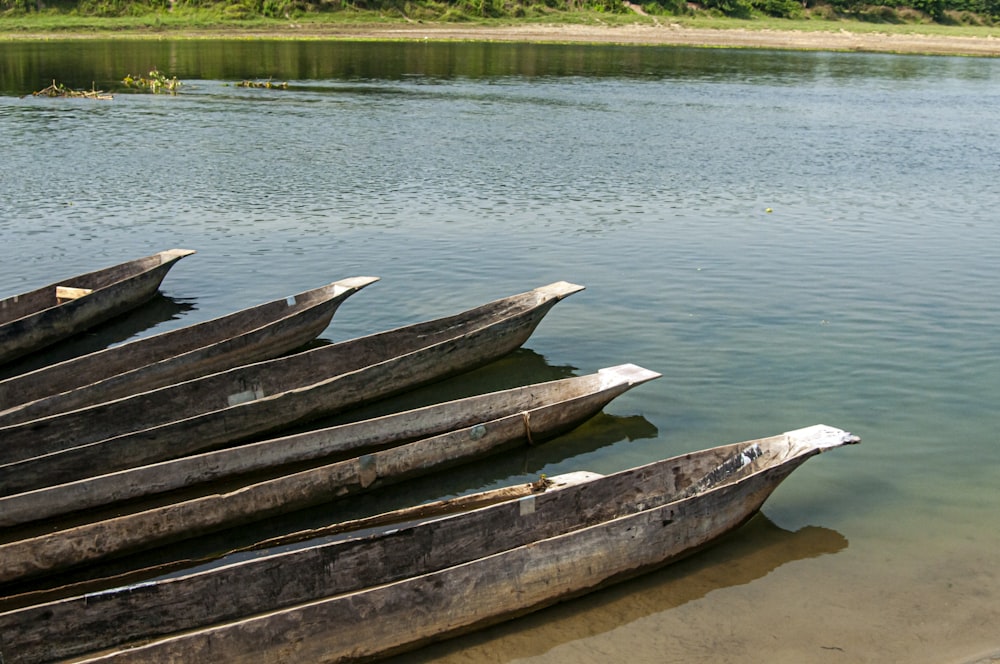 a group of canoes sitting on the shore of a lake