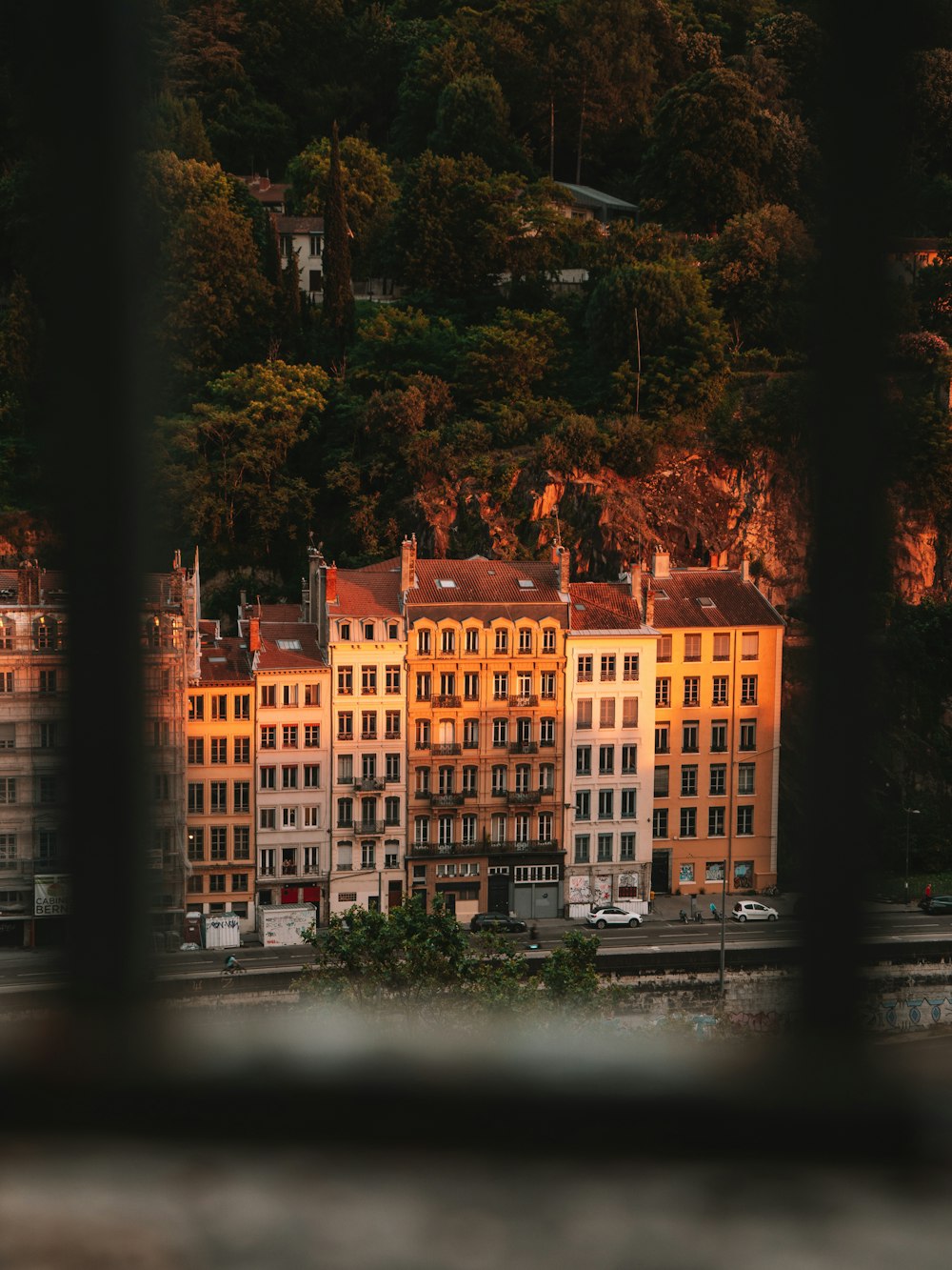 a view of a building through a window