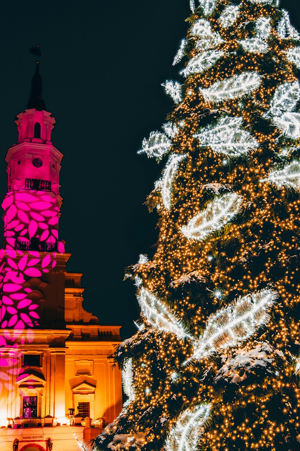 a lit christmas tree in front of a building