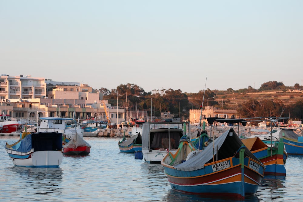 um grupo de barcos flutuando em cima de um corpo de água