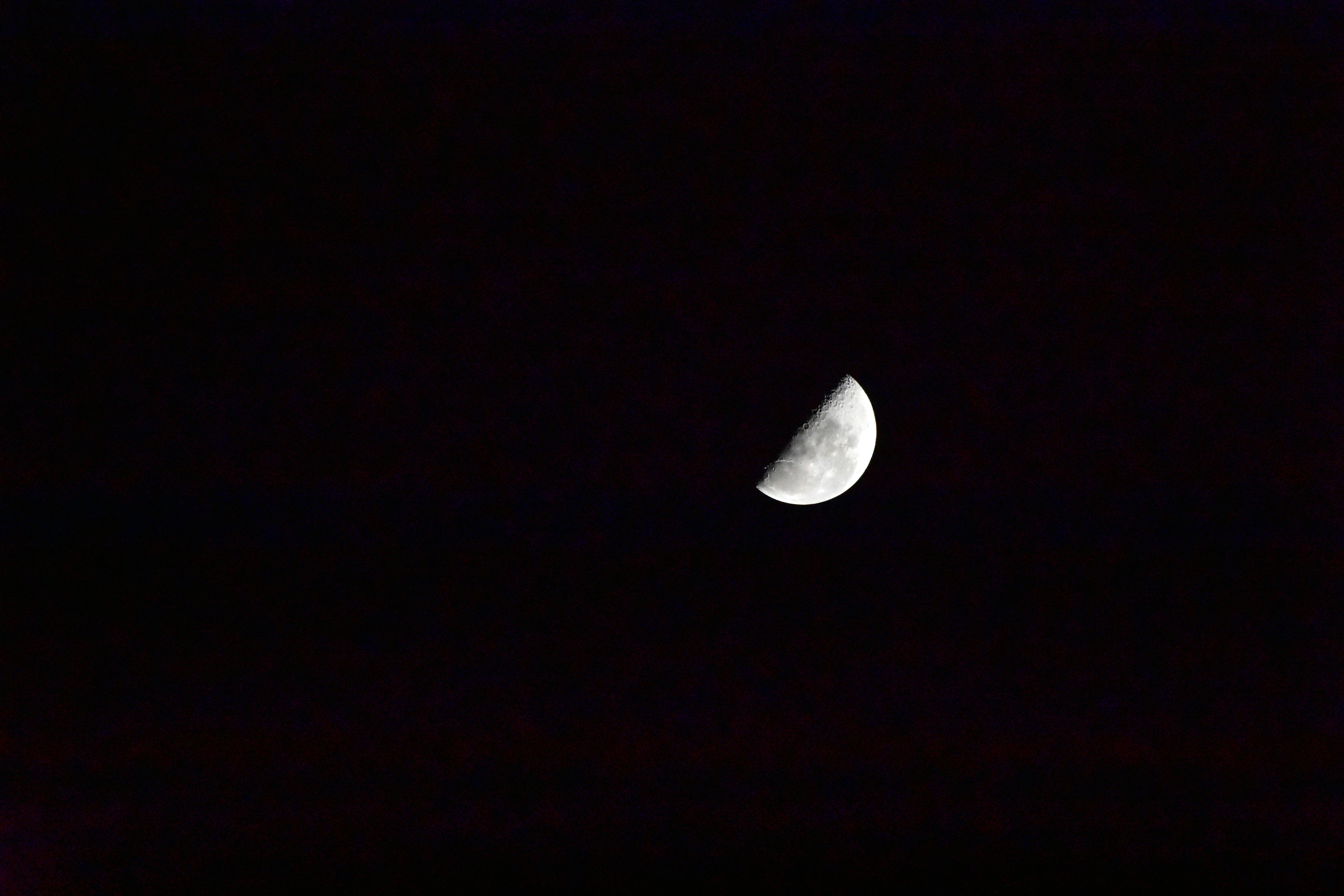 a half moon is seen in the dark sky