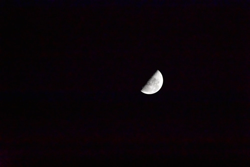 a half moon is seen in the dark sky