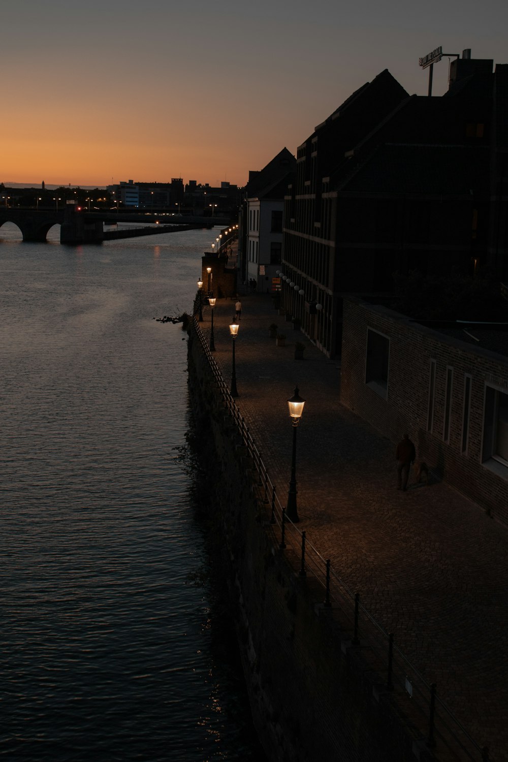 a body of water with a bridge in the background