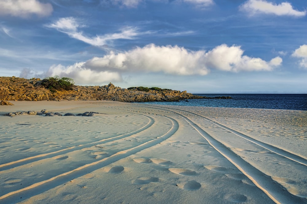 a sandy beach with tracks in the sand