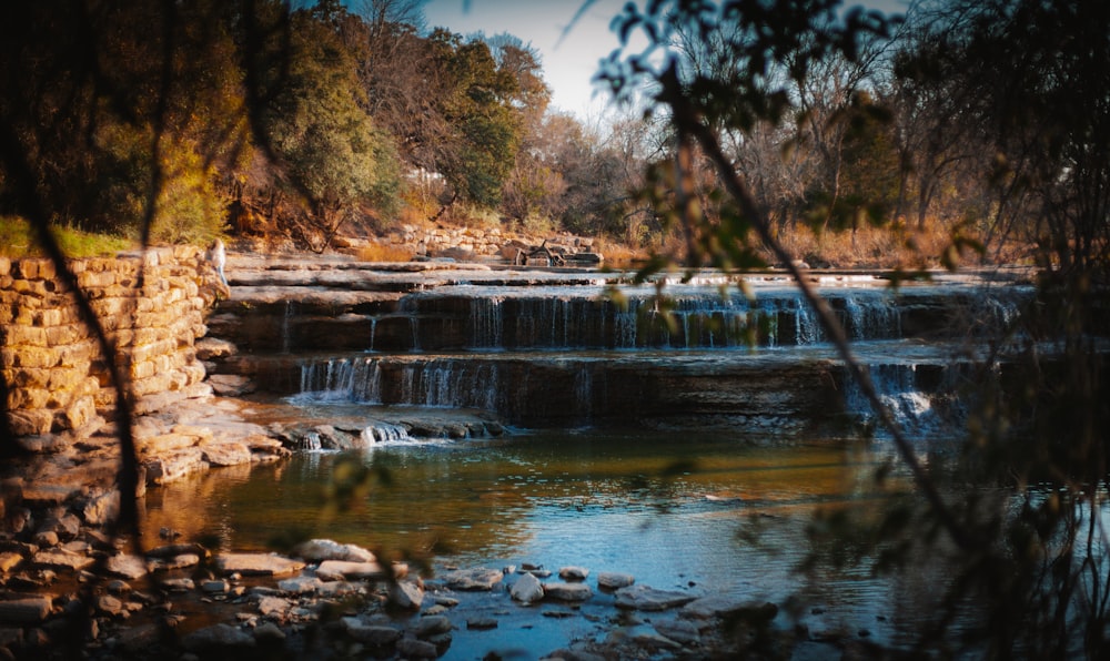 a small waterfall in the middle of a forest