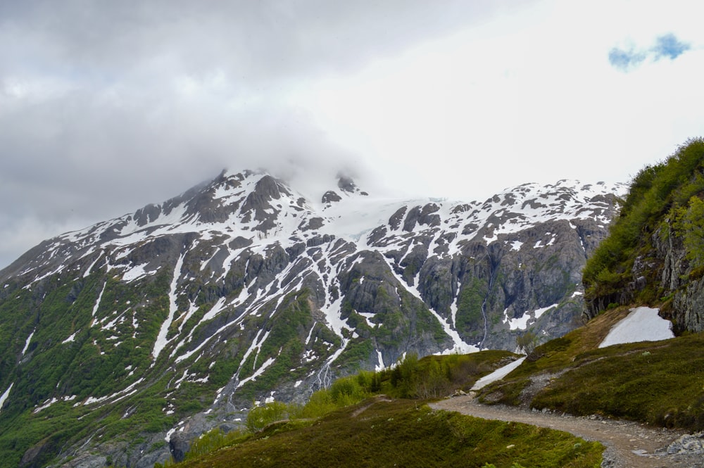 a mountain covered in snow and green grass