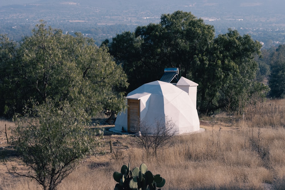 a yurt in the middle of a field surrounded by trees