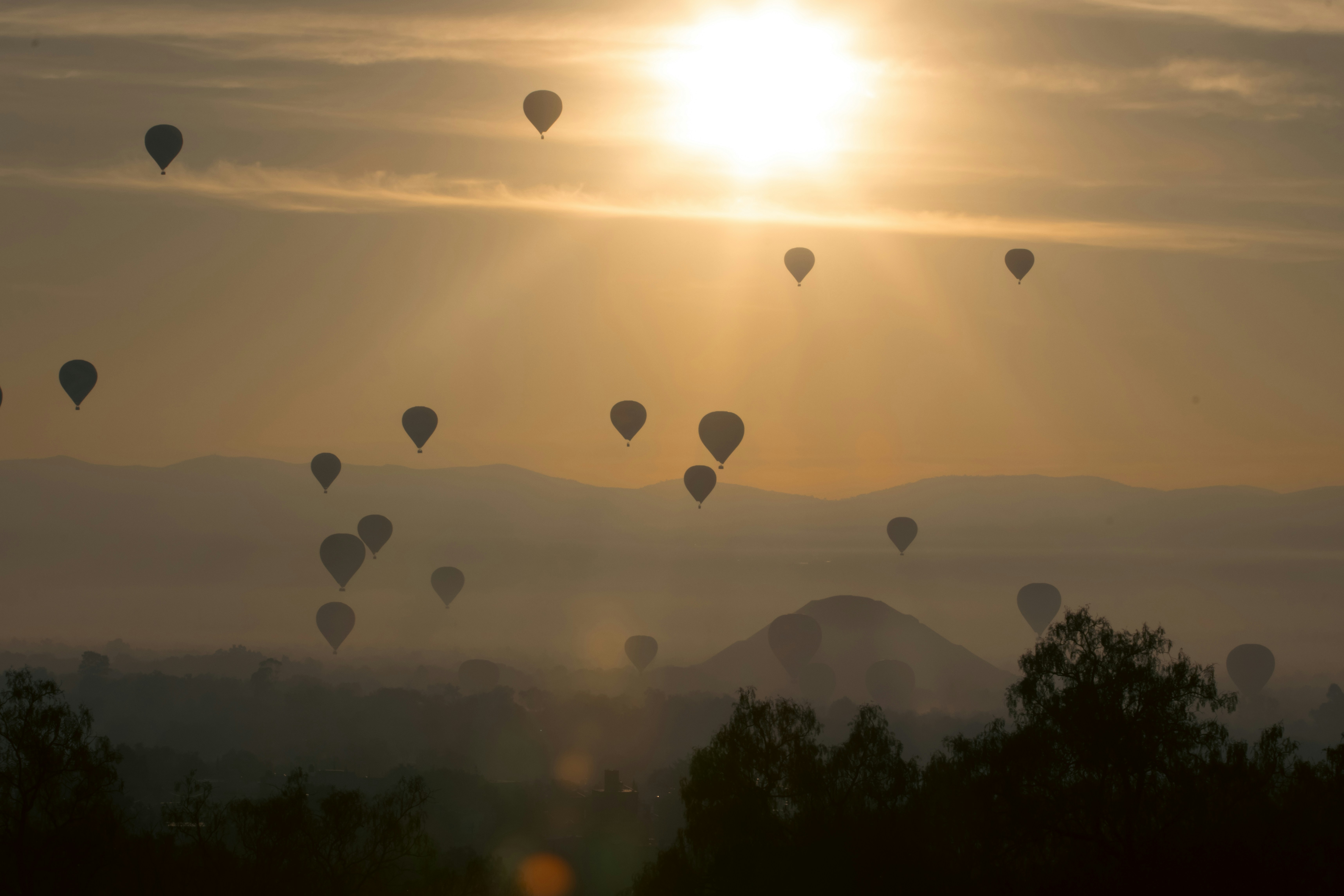 a group of hot air balloons flying in the sky, 
