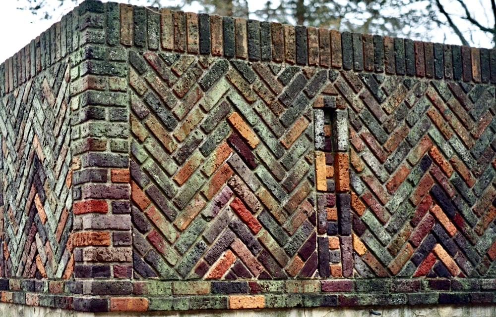 a close up of a brick wall with a tree in the background