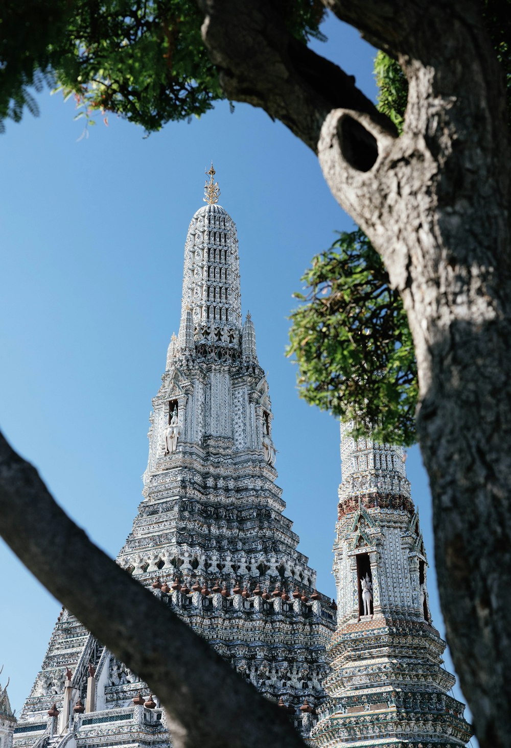 a very tall building sitting next to a tree