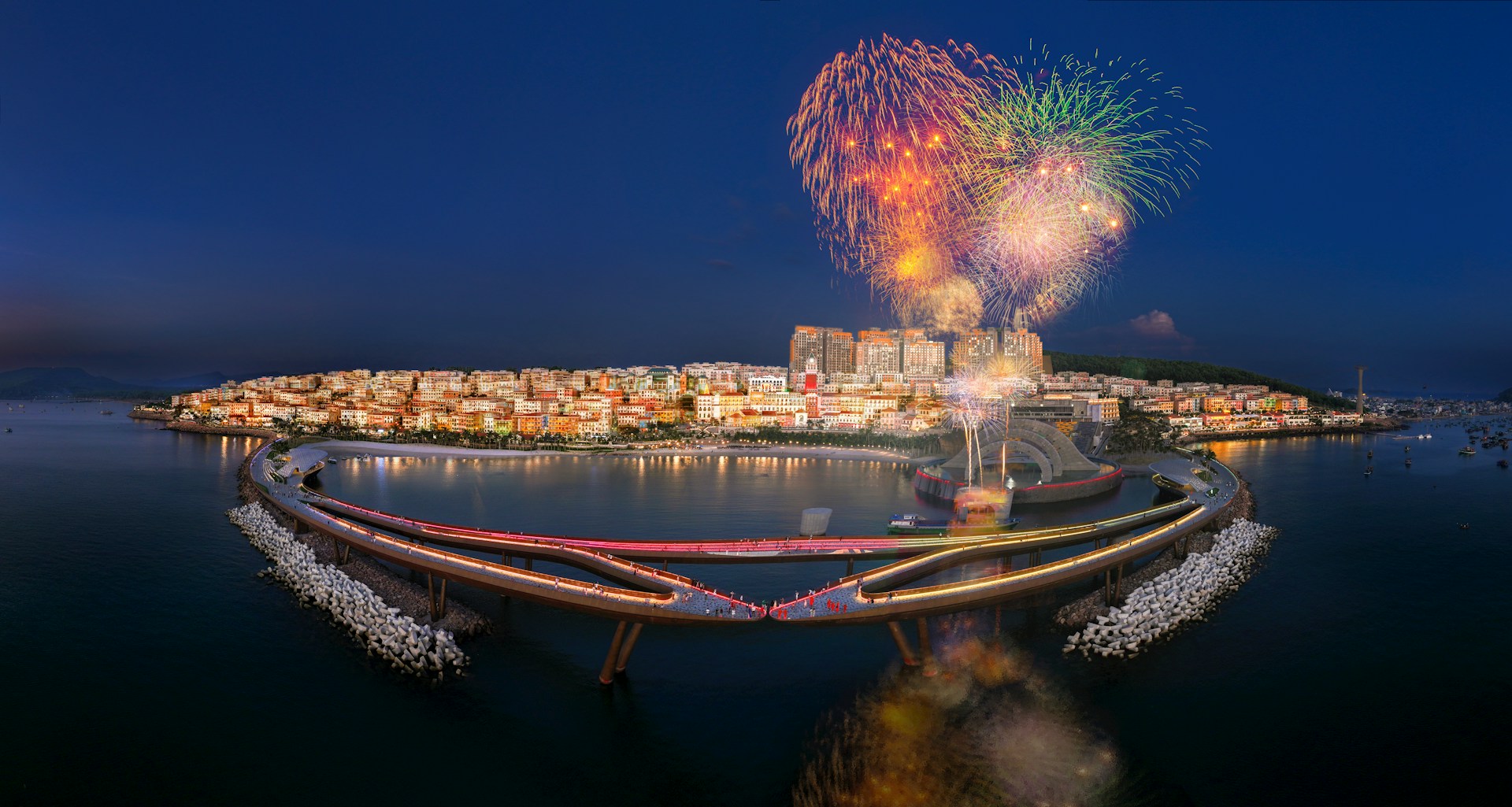 a large fireworks display over a city at night