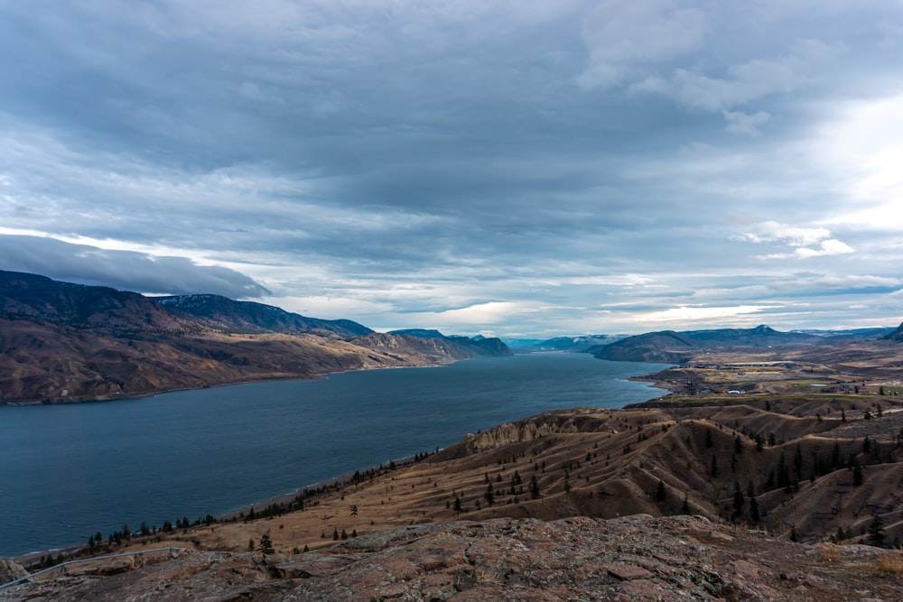 a scenic view of a lake and mountains under a cloudy sky