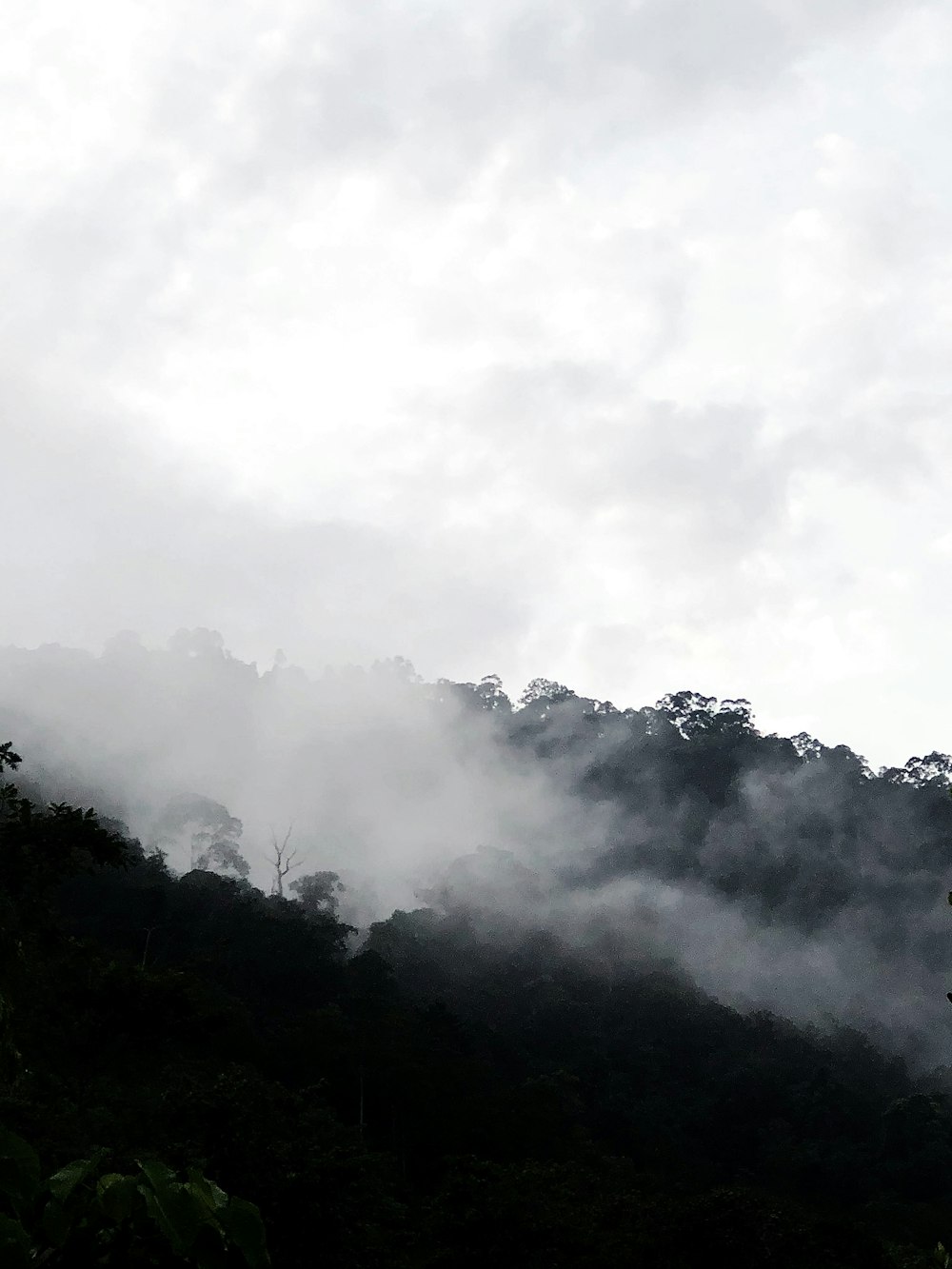 une montagne couverte de brouillard et de nuages sous un ciel nuageux