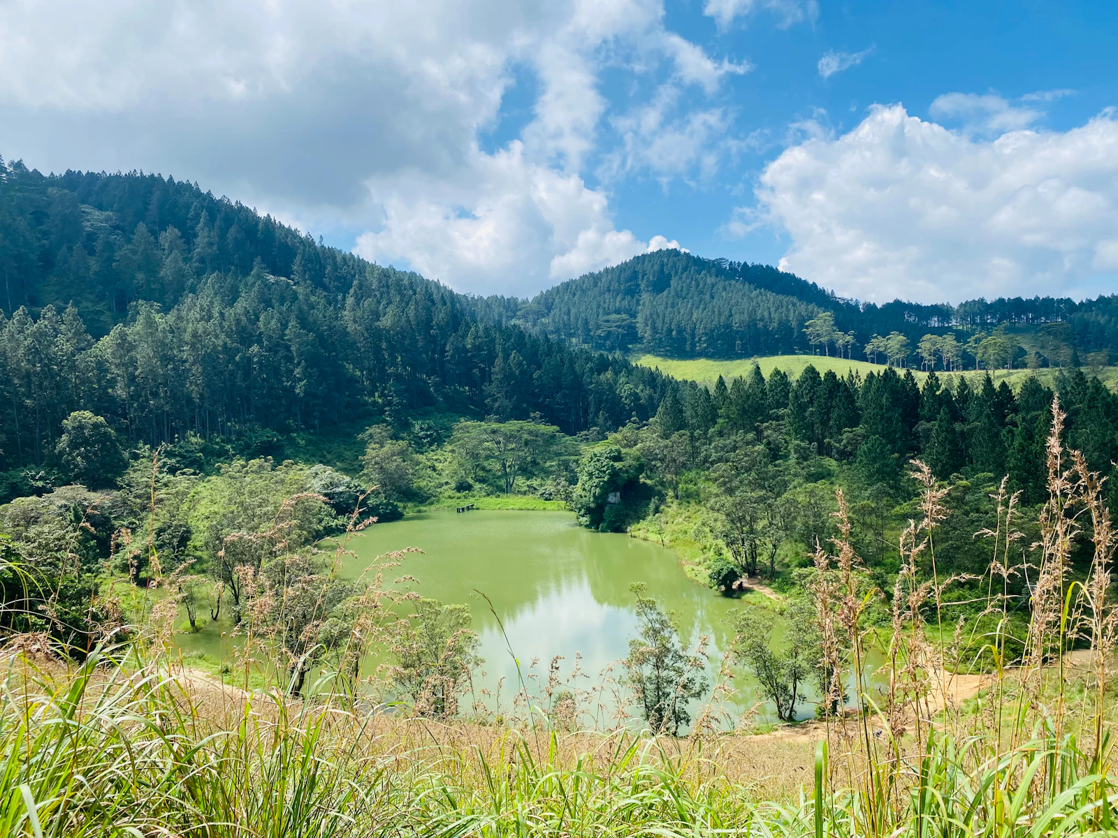 Bellwood lake surrounded by lush green hills near Kandy Sri Lanka