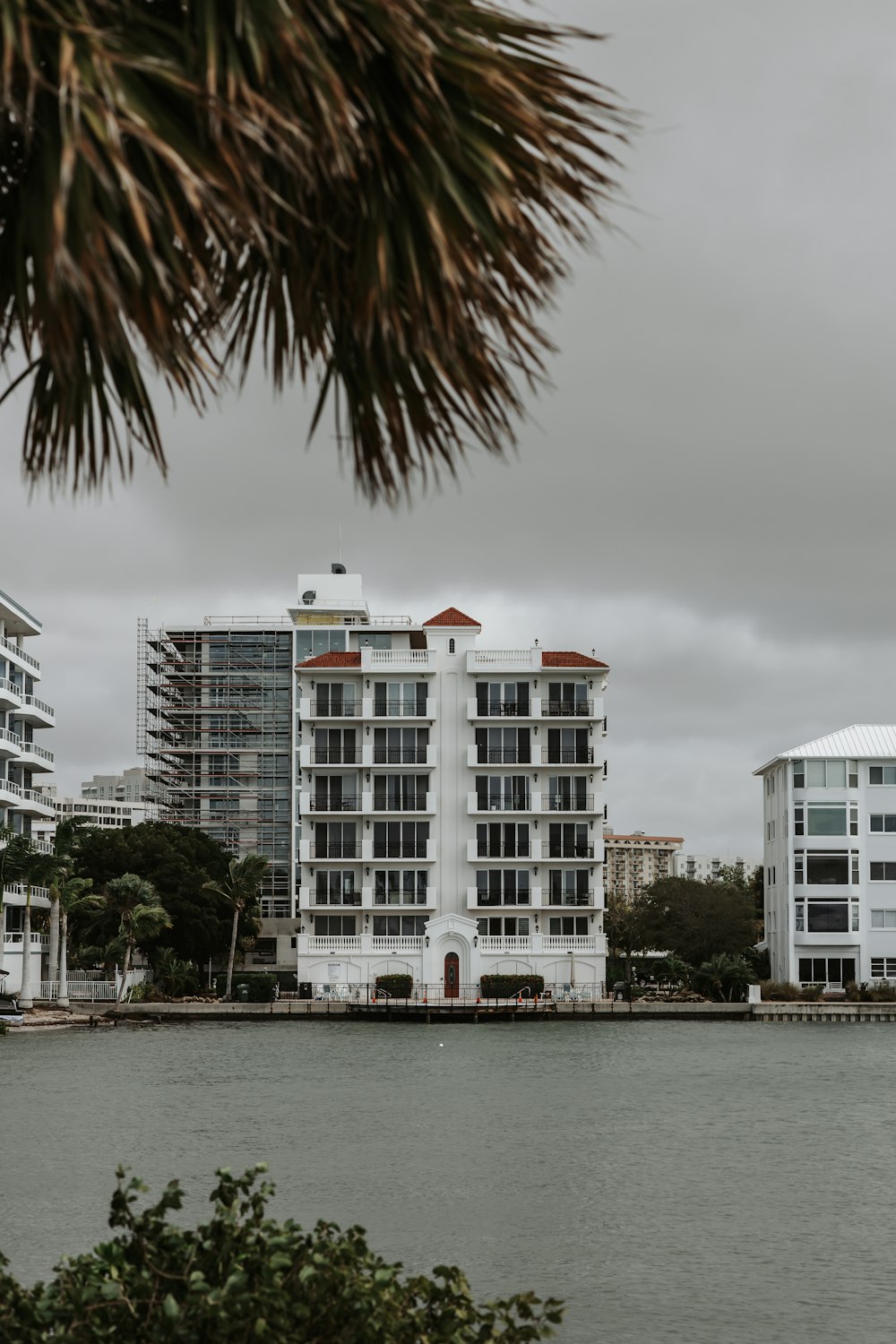 a large body of water with buildings in the background