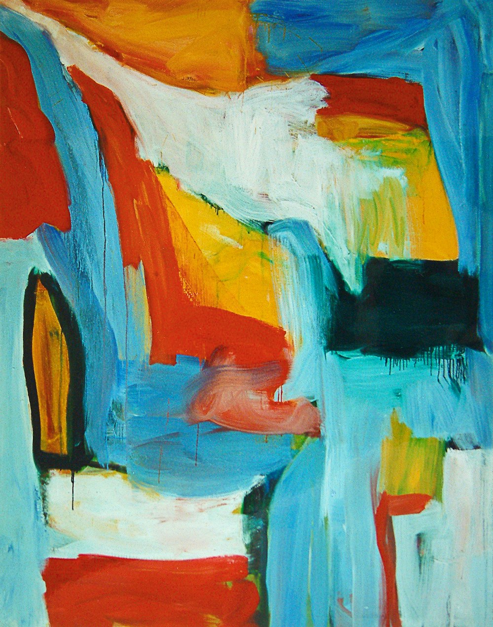 an abstract painting of blue, red, yellow, and orange