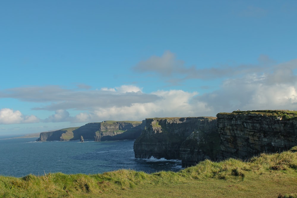 a grassy field next to a large body of water