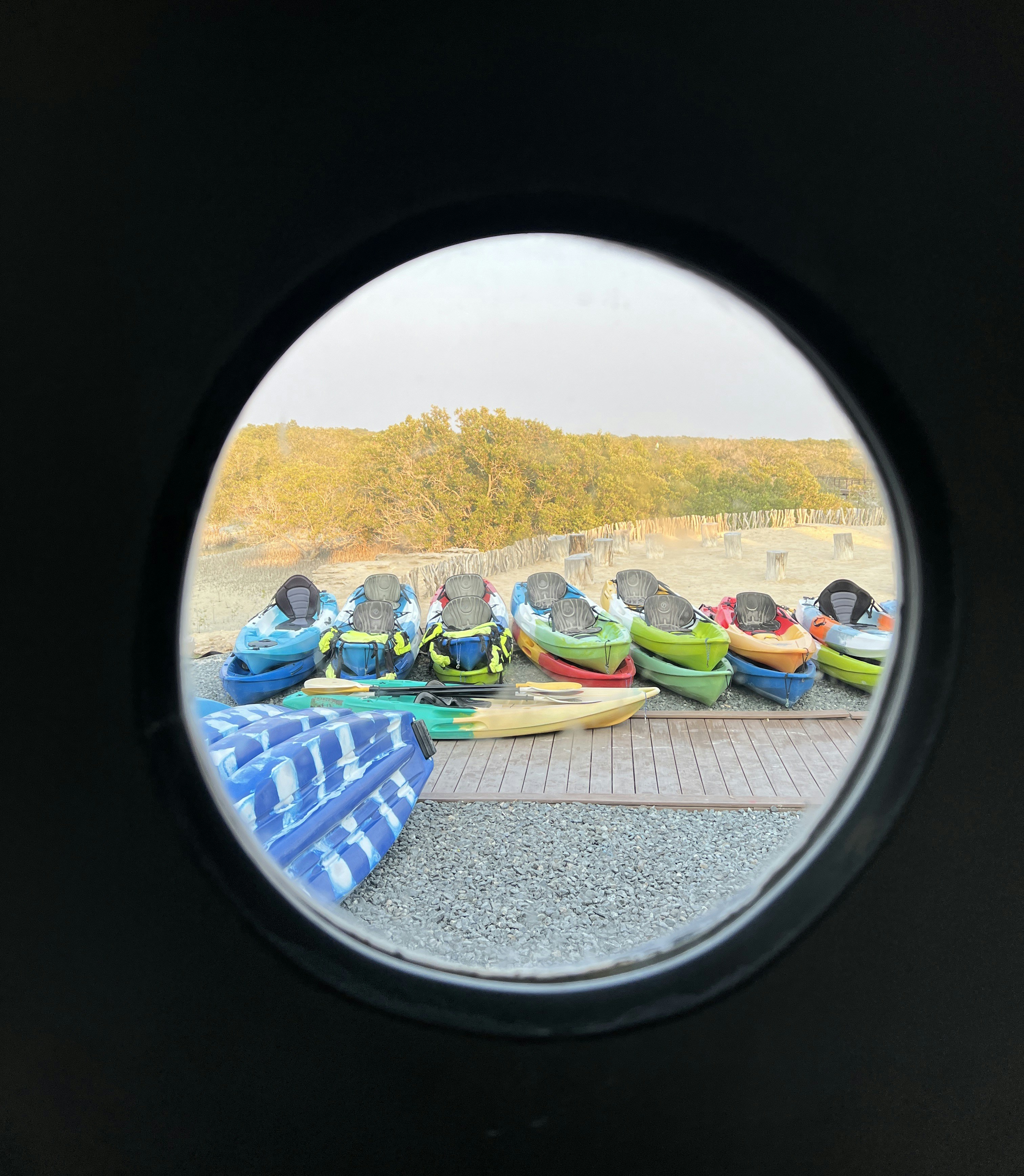 a group of kayaks are lined up on the side of the road