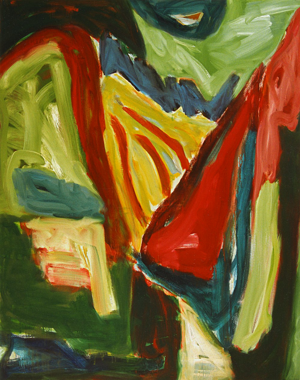 a painting of a red, yellow, and green abstract painting