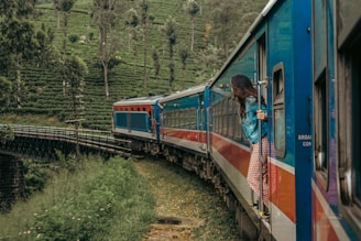 a woman standing on a train looking out the window