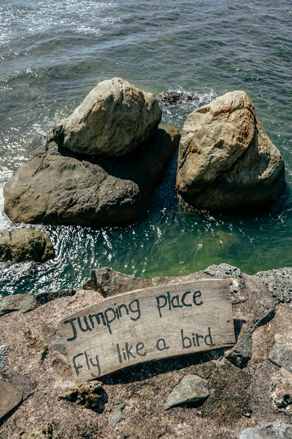 a sign on a rock that says jumping place fly like a bird