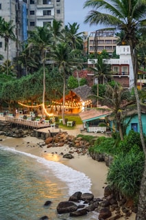 a beach with a restaurant on the side of it