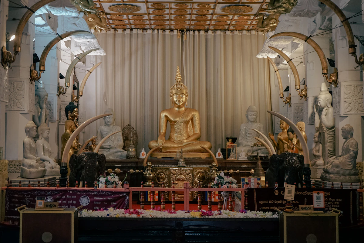 Golden Buddha and traditional interior in Kandy