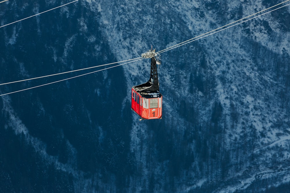 a cable car suspended over a body of water