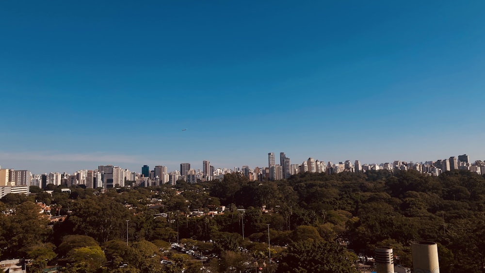 a view of a city with tall buildings and trees