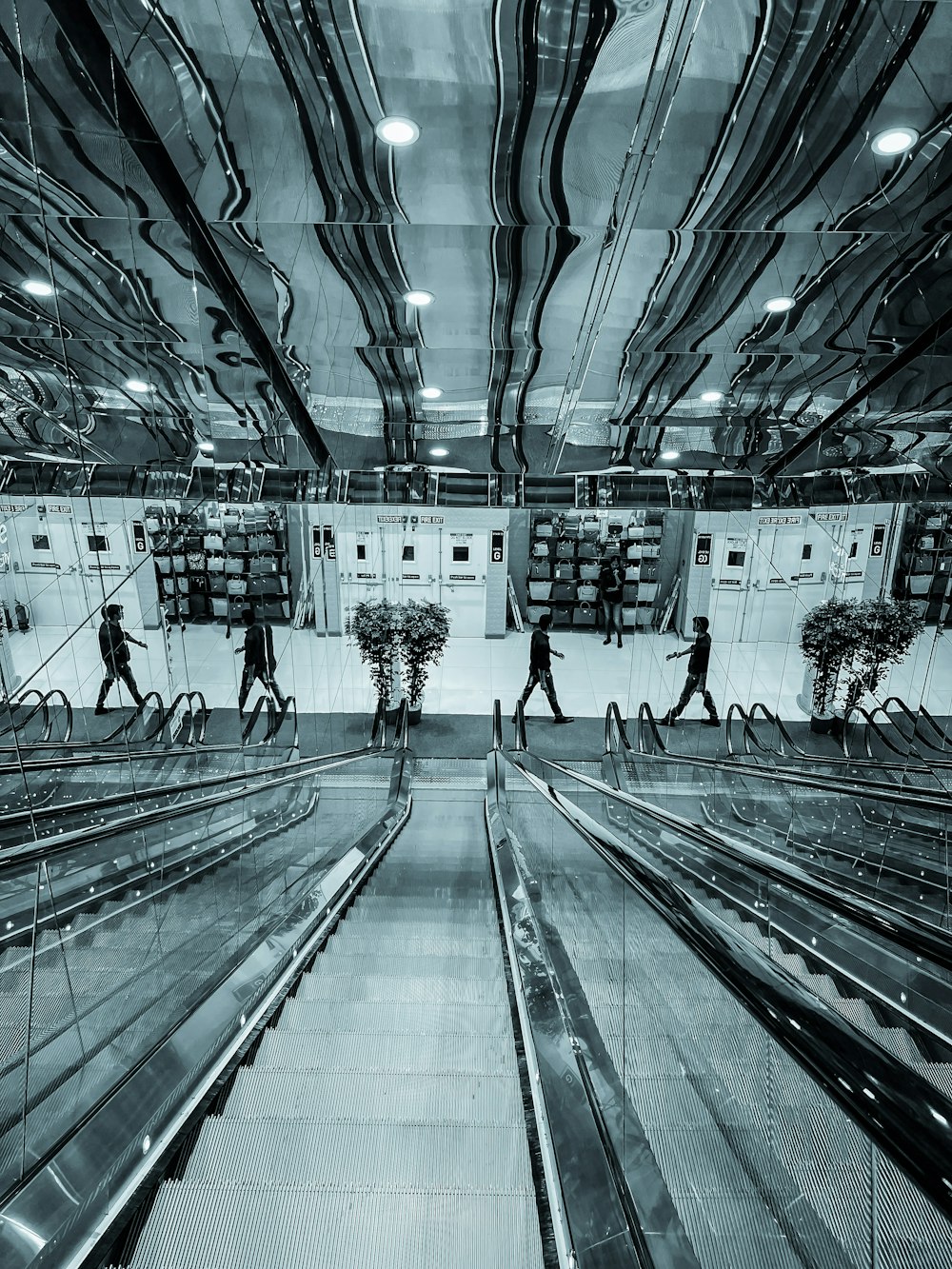 a black and white photo of escalators in a building