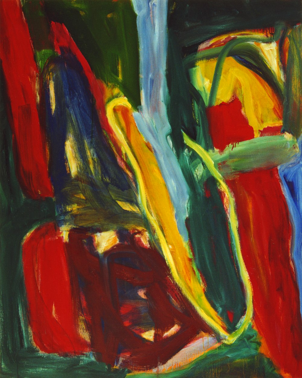 a painting of a red, yellow, and green abstract painting